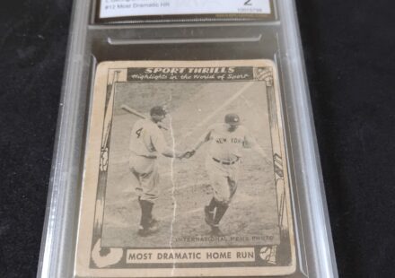 eBay listing photo of 1948 Babe Ruth graded Gem Mint Authentication (GMA) 2 from 1948 Swell Sports Thrills card 12