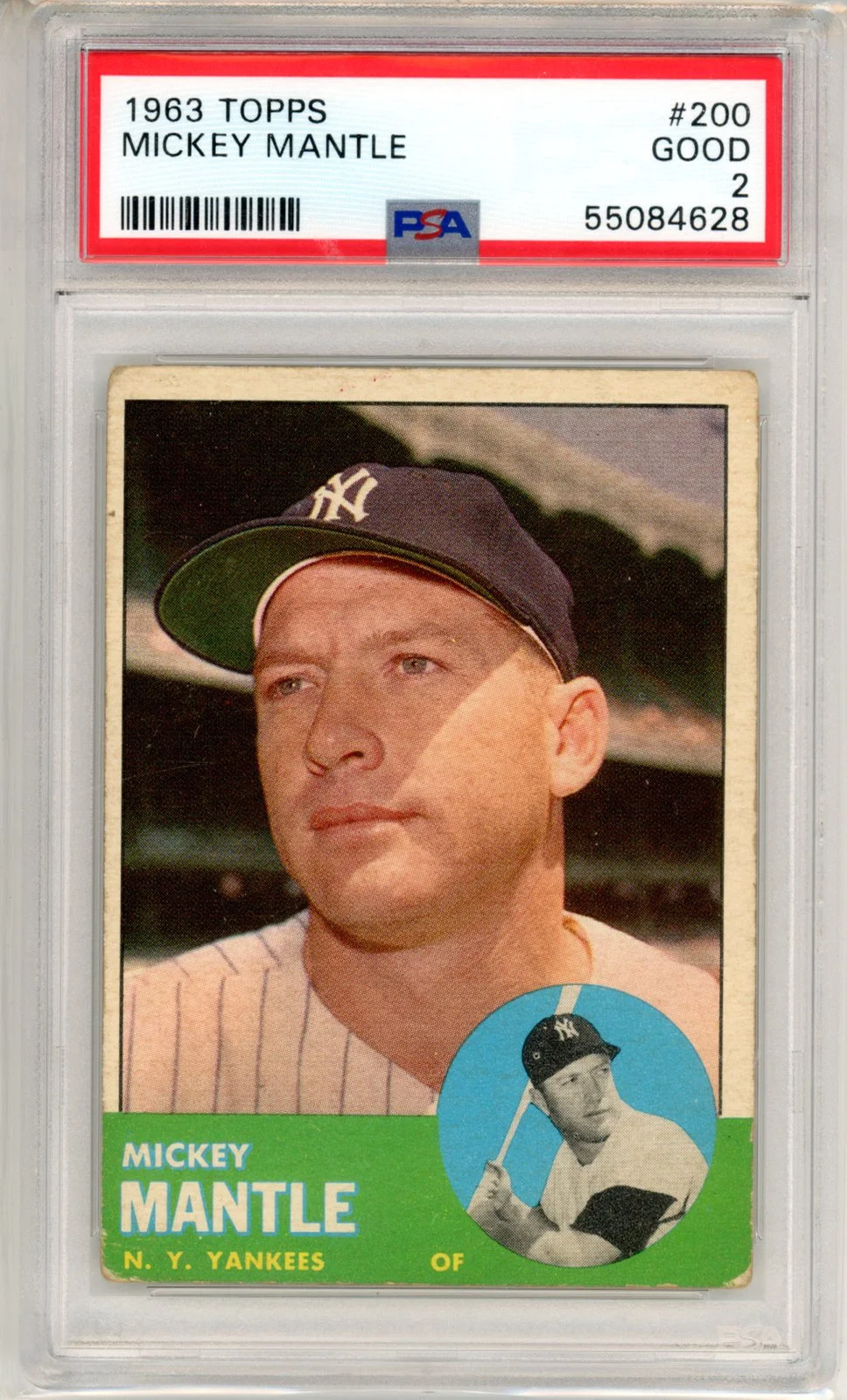 eBay listing photo of 1963 Mickey Mantle graded PSA 2 from 1963 Topps card 200