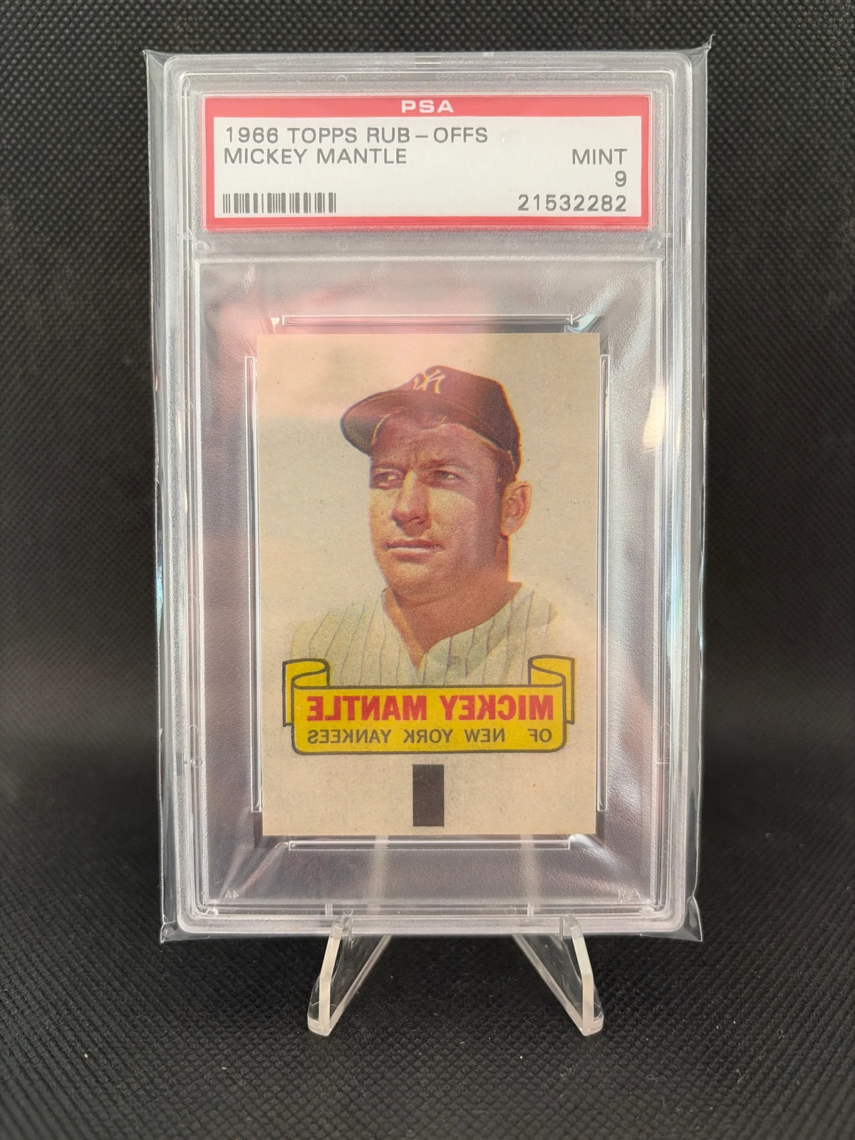 eBay listing photo of 1966 Mickey Mantle graded PSA 9 from 1966 Topps Rub Offs