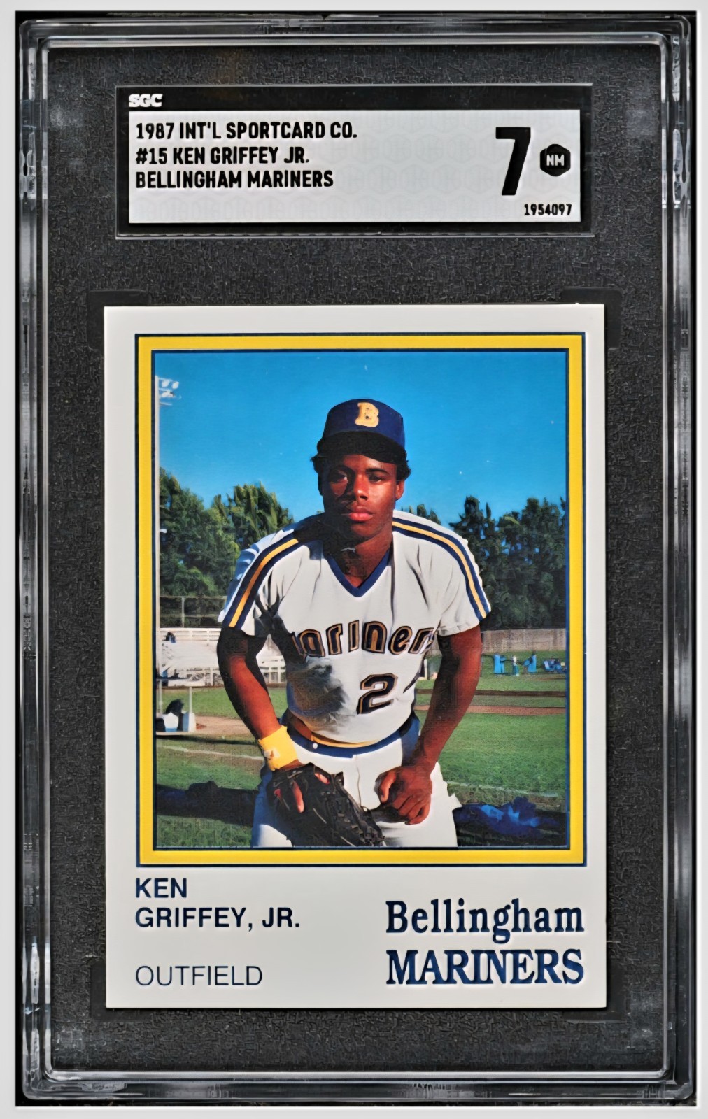 eBay listing photo of 1987 Ken Griffey Jr. graded SGC 7 from 1987 International Sportcard Bellingham Mariners card 15