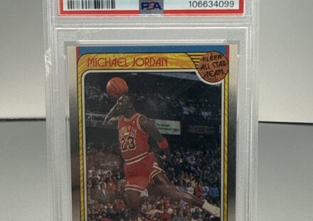 eBay listing photo of 1988 Michael Jordan graded PSA 8 from 1988 Fleer card 120