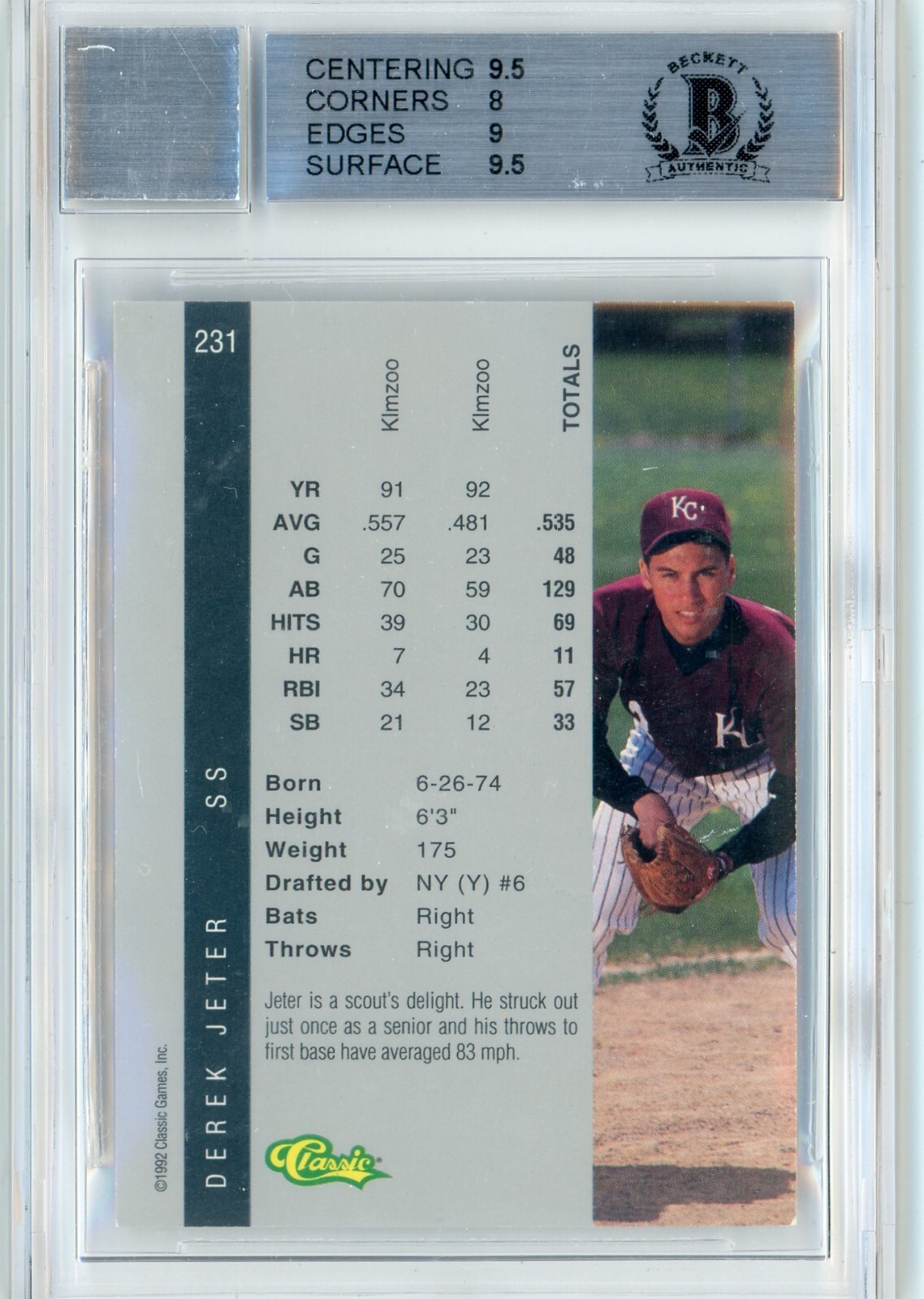 Closer look at 1992 Derek Jeter from 1992 Classic card 231