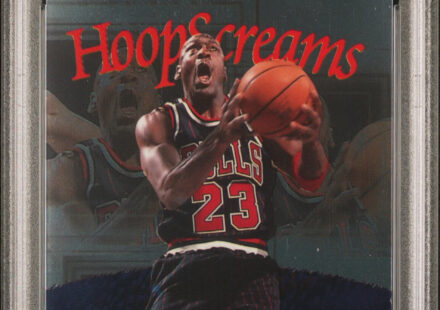 eBay listing photo of 1997 Michael Jordan graded PSA 9 from 1997 Stadium Club Hoop Screams card HS10