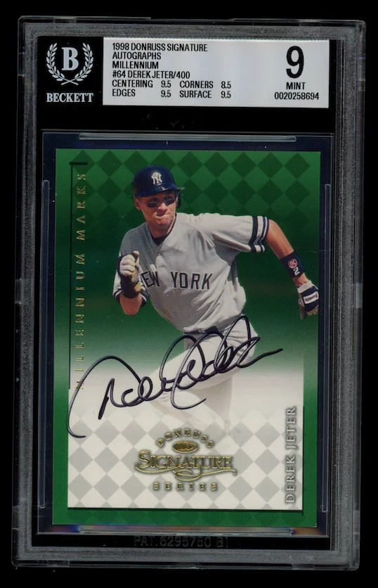 eBay listing photo of 1998 Derek Jeter graded BGS 9 from 1998 Donruss Signature Series card 64