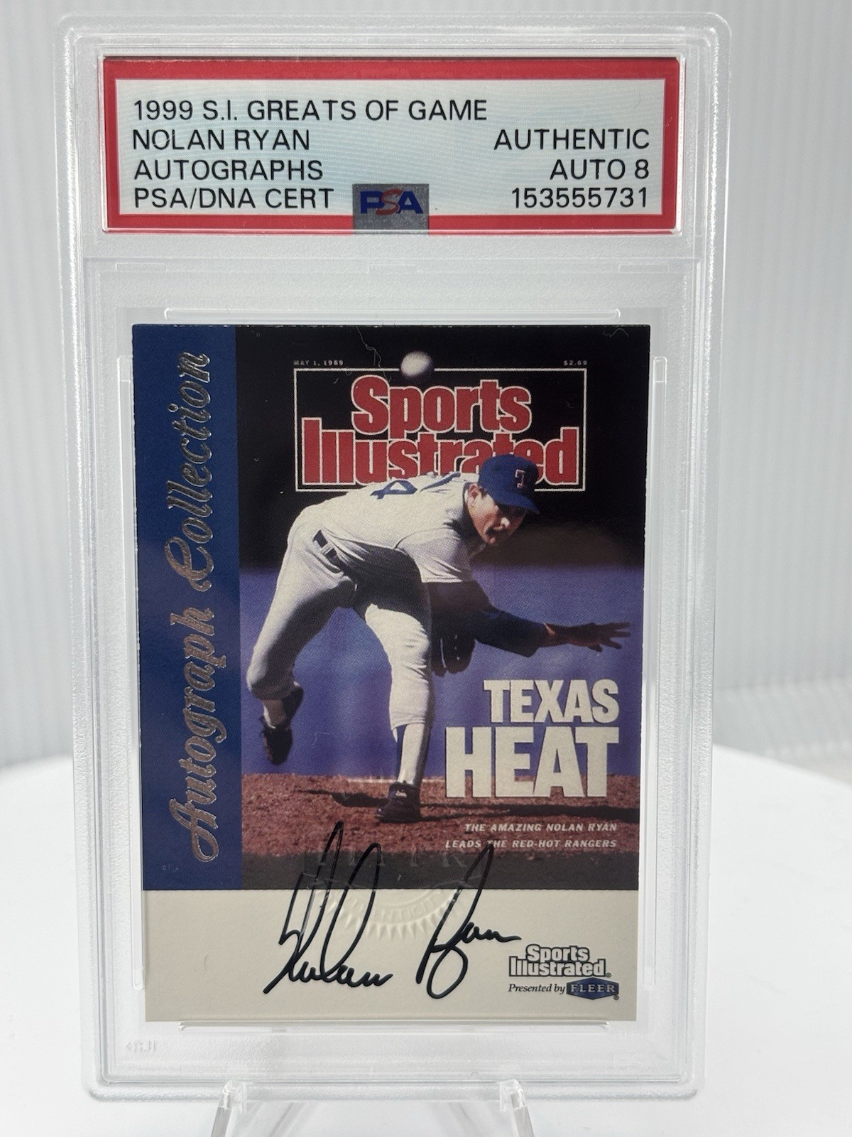 eBay listing photo of 1999 Nolan Ryan graded PSA Authentic from 1999 Fleer Sports Illustrated Greats of the Game card NNO