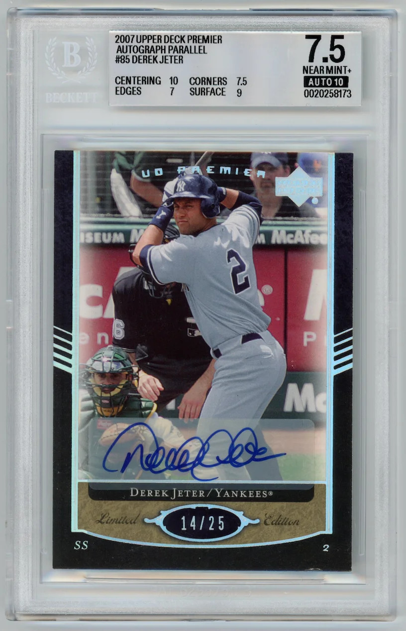 eBay listing photo of 2007 Derek Jeter graded BGS 7.5 from 2007 Upper Deck Premier card 85