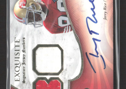 eBay listing photo of 2008 Jerry Rice ungraded card from 2008 Upper Deck Exquisite Collection Signature Jersey Numbers card ESN JR