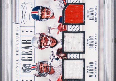 eBay listing photo of 2016 Tom Brady graded PSA 8 from 2016 Panini National Treasures NFL Gear Quads card 16