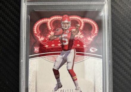 eBay listing photo of 2017 Patrick Mahomes graded PSA 8 from 2017 Panini Crown Royale card 84