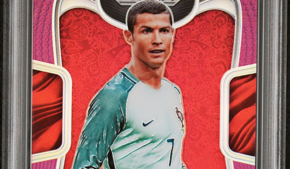 eBay listing photo of 2018 Cristiano Ronaldo graded PSA 9 from 2018 Panini Prizm World Cup card 154