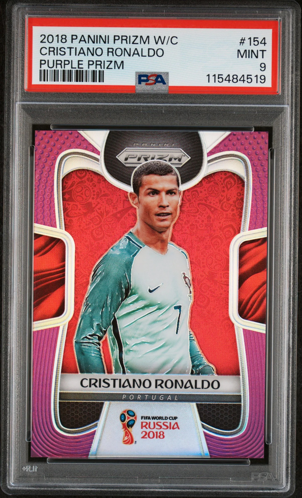 eBay listing photo of 2018 Cristiano Ronaldo graded PSA 9 from 2018 Panini Prizm World Cup card 154
