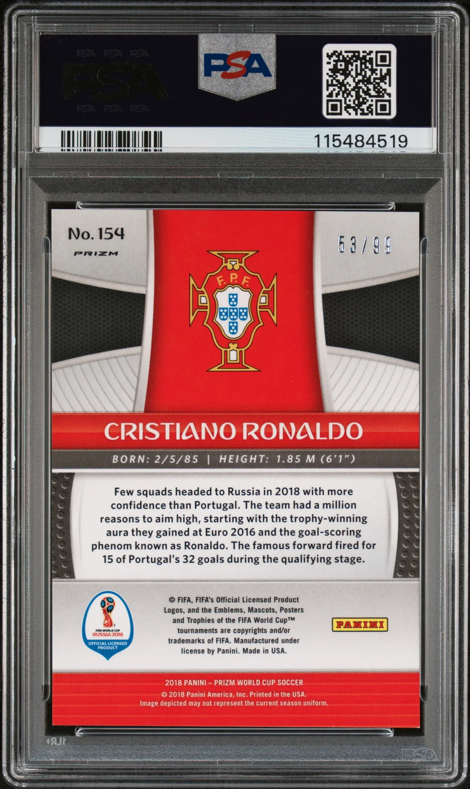 Closer look at 2018 Cristiano Ronaldo from 2018 Panini Prizm World Cup card 154