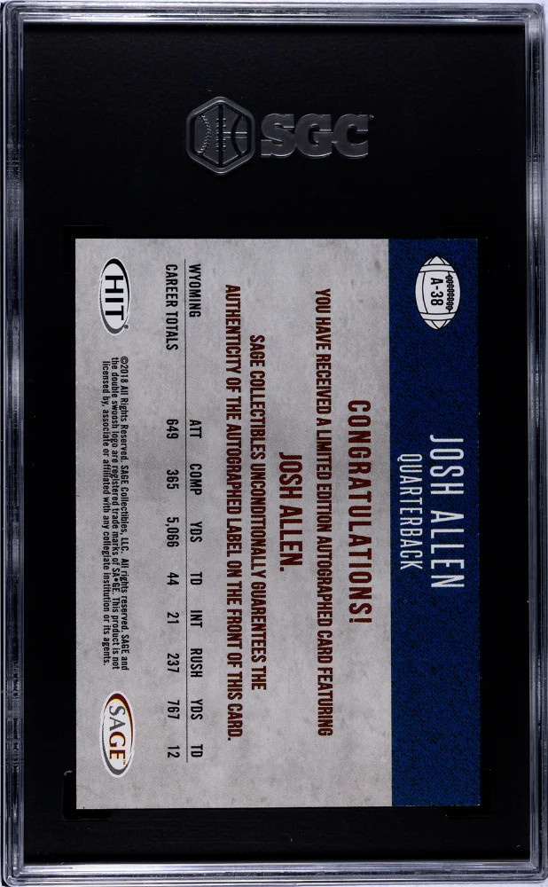 Closer look at 2018 Josh Allen from 2018 Sage Hit Premier Draft card A 38