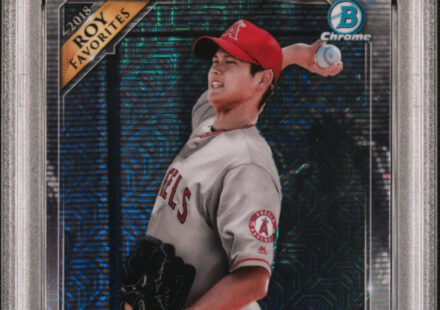 eBay listing photo of 2018 Shohei Ohtani graded PSA 9 from 2018 Bowman Mega Box Chrome Rookie Of The Year Favorites card SO
