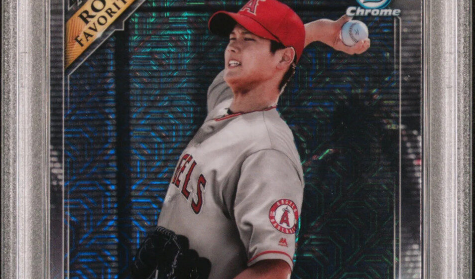 eBay listing photo of 2018 Shohei Ohtani graded PSA 9 from 2018 Bowman Mega Box Chrome Rookie Of The Year Favorites card SO