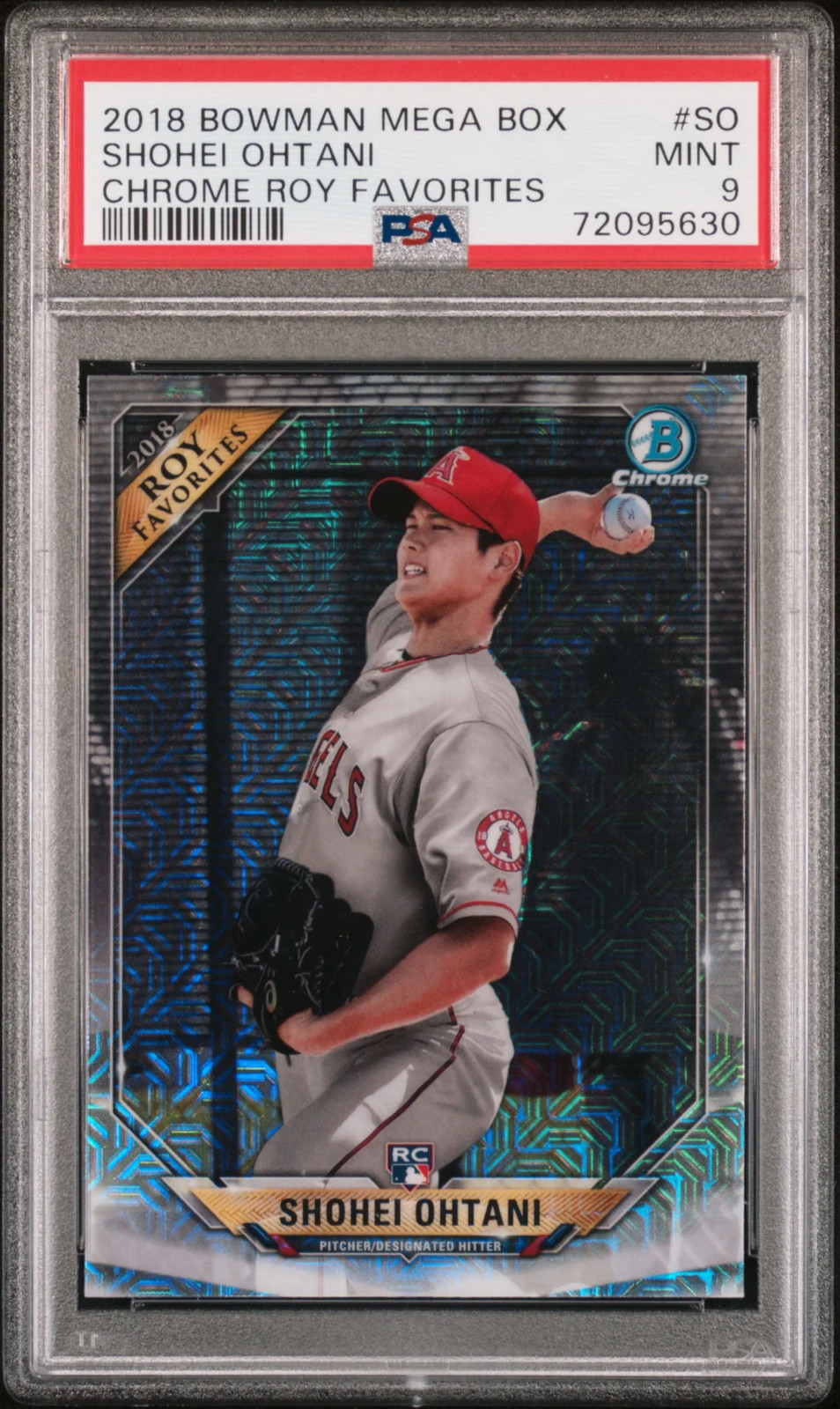 eBay listing photo of 2018 Shohei Ohtani graded PSA 9 from 2018 Bowman Mega Box Chrome Rookie Of The Year Favorites card SO