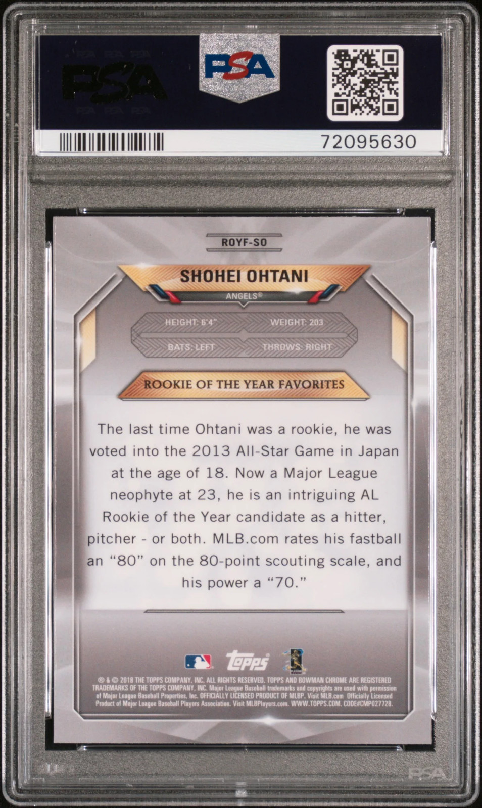 Closer look at 2018 Shohei Ohtani from 2018 Bowman Mega Box Chrome Rookie Of The Year Favorites card SO