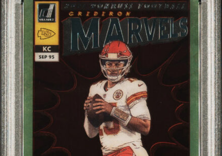 eBay listing photo of 2021 Patrick Mahomes graded PSA 9 from 2021 Panini Clearly Donruss Gridiron Marvels card GM 2