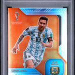 eBay listing photo of 2022 Lionel Messi graded PSA 10 from 2022 Panini Prizm World Cup Qatar Scorers Club card 10