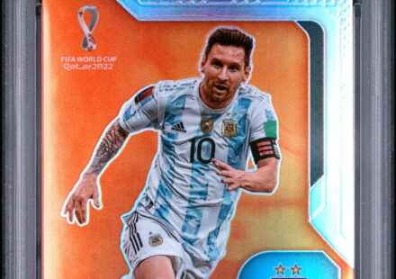 eBay listing photo of 2022 Lionel Messi graded PSA 10 from 2022 Panini Prizm World Cup Qatar Scorers Club card 10
