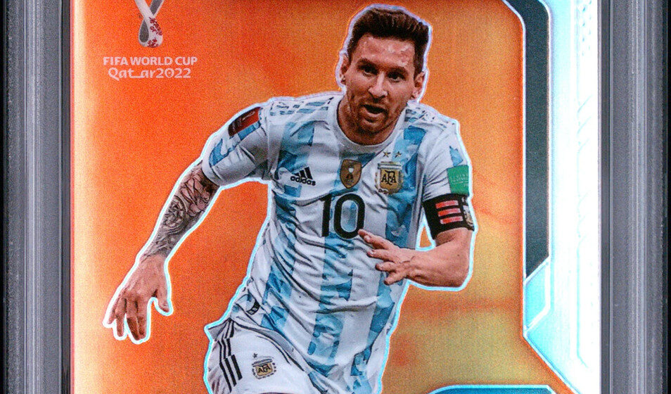 eBay listing photo of 2022 Lionel Messi graded PSA 10 from 2022 Panini Prizm World Cup Qatar Scorers Club card 10