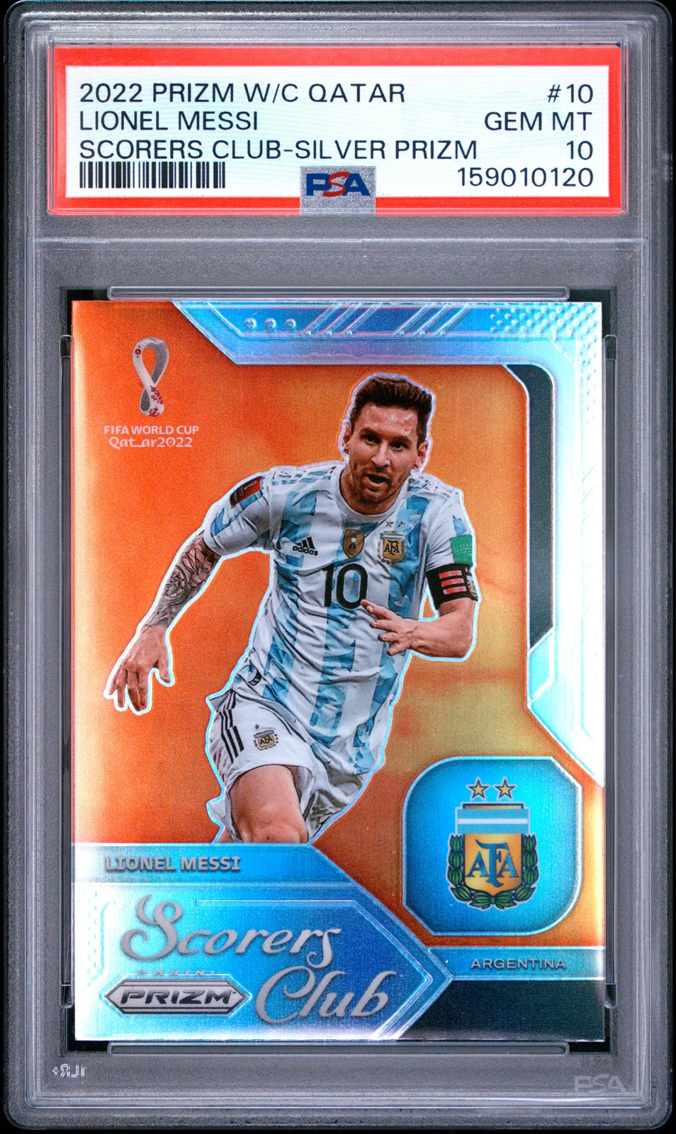 eBay listing photo of 2022 Lionel Messi graded PSA 10 from 2022 Panini Prizm World Cup Qatar Scorers Club card 10