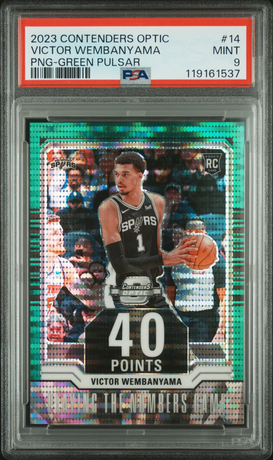 eBay listing photo of 2023 Victor Wembanyama graded PSA 9 from 2023 Panini Contenders Optic Playing The Numbers Game card 14