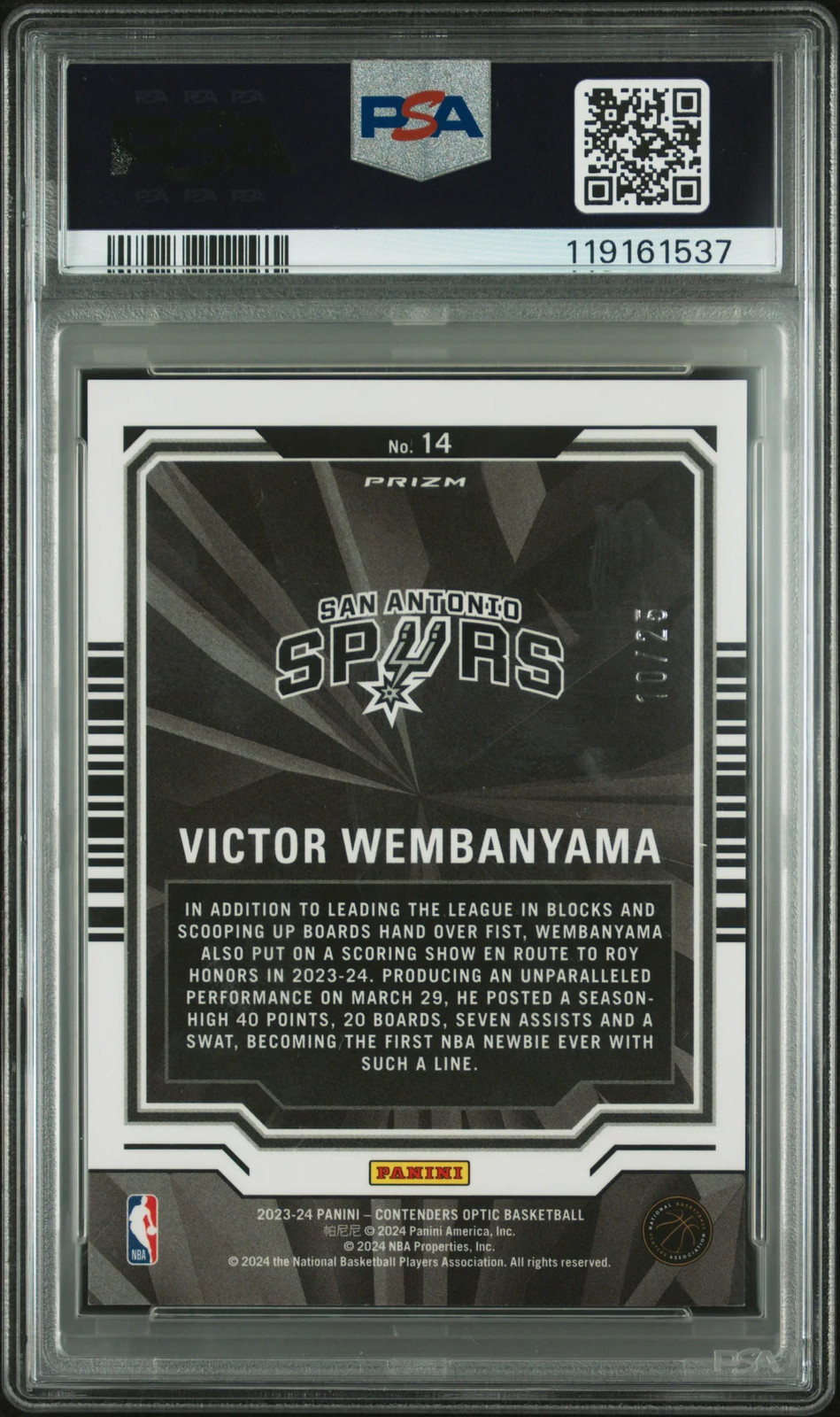 Closer look at 2023 Victor Wembanyama from 2023 Panini Contenders Optic Playing The Numbers Game card 14