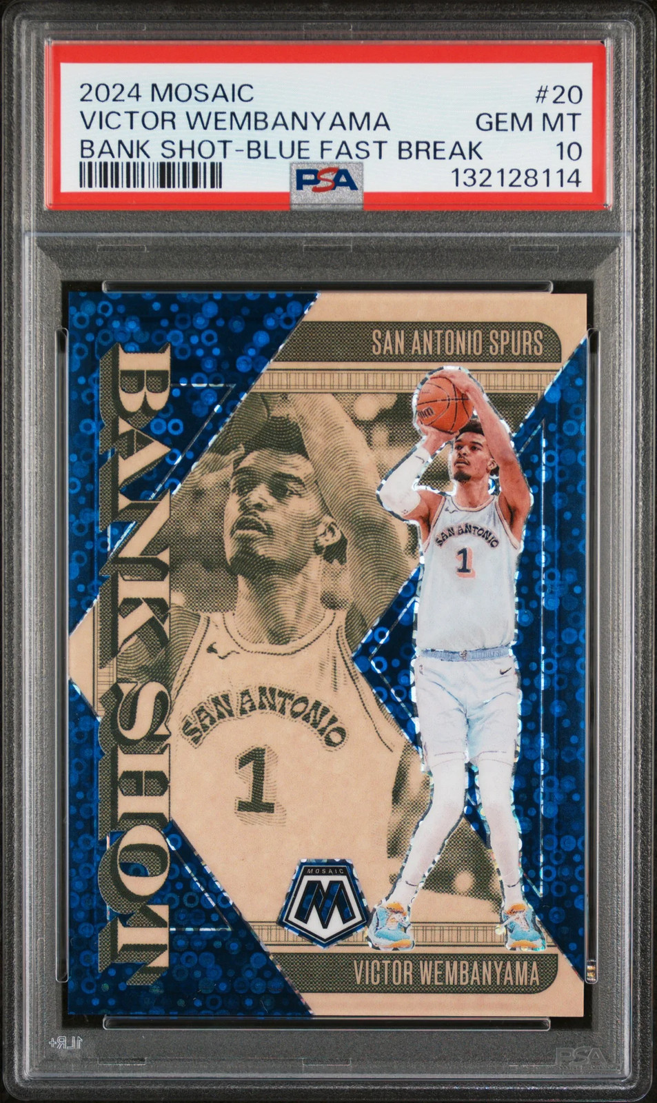 eBay listing photo of 2024 Victor Wembanyama graded PSA 10 from 2024 Panini Mosaic Bank Shot card 20