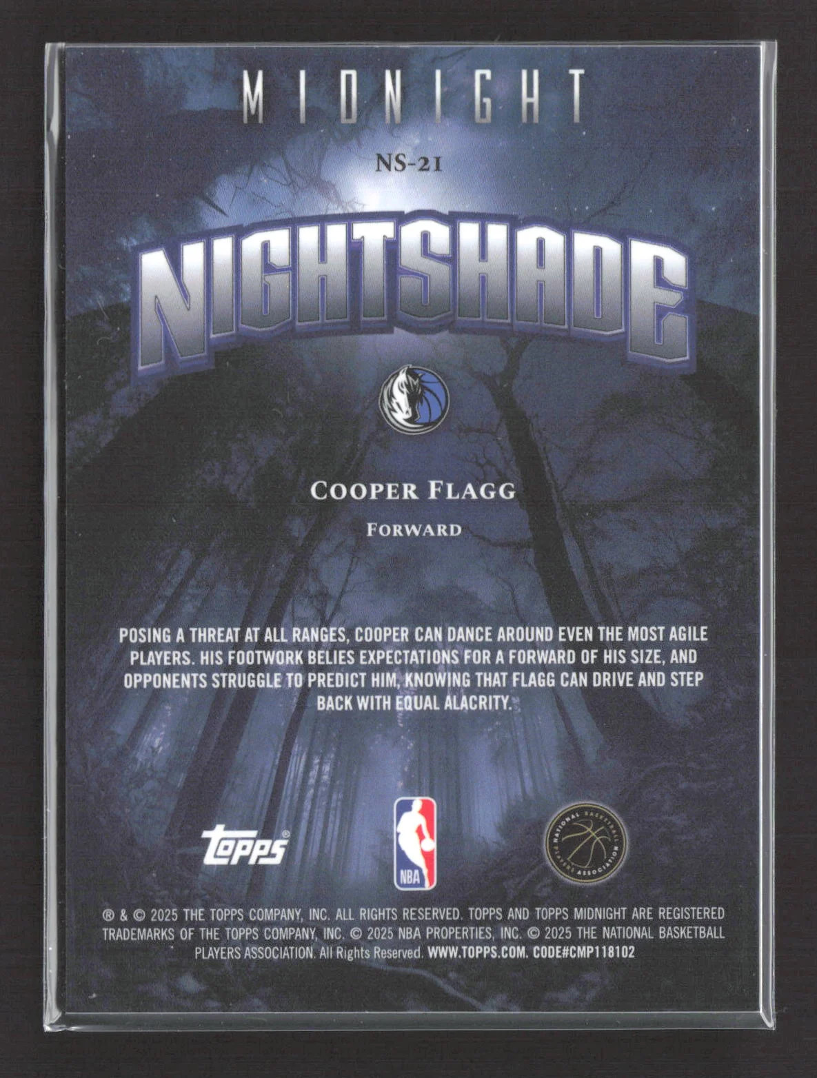 Closer look at 2025 Cooper Flagg from 2025 Topps Midnight Nightshade card NS 21