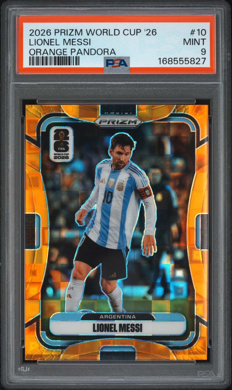 eBay listing photo of 2026 Lionel Messi graded PSA 9 from 2026 Panini Prizm FIFA World Cup 2026 card 10