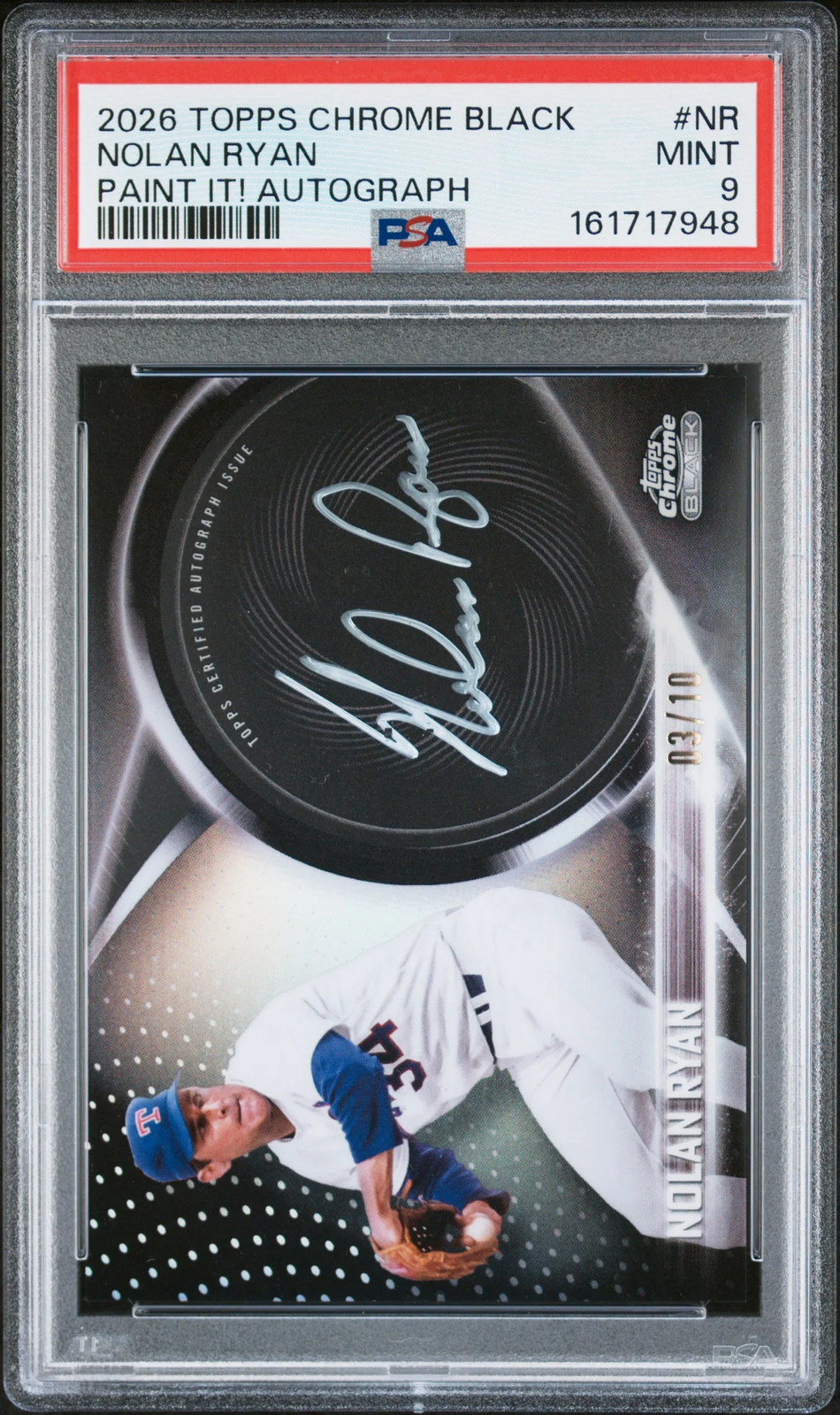 eBay listing photo of 2026 Nolan Ryan graded PSA 9 from 2026 Topps Chrome Black Paint It! Autographs card NR