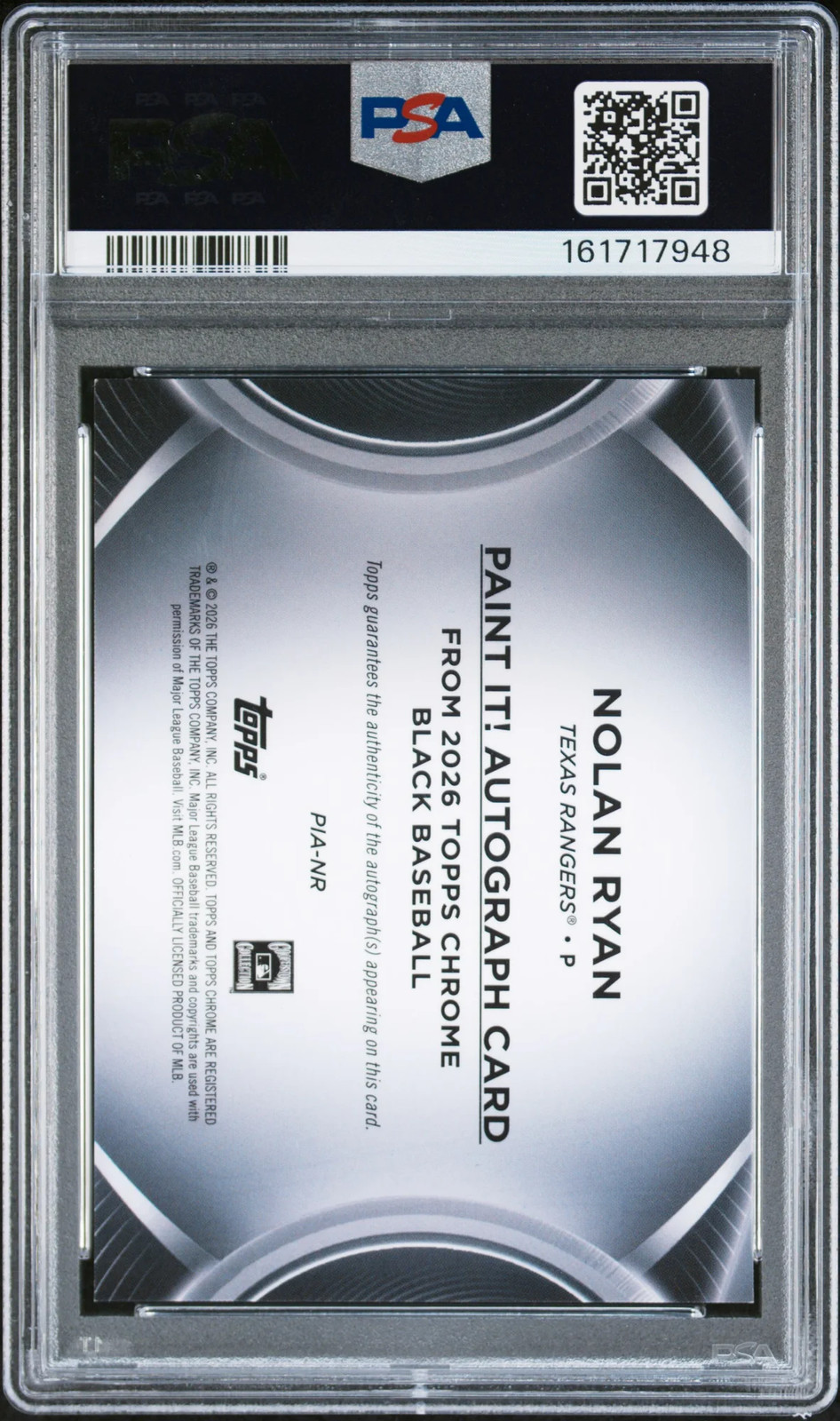 Closer look at 2026 Nolan Ryan from 2026 Topps Chrome Black Paint It! Autographs card NR